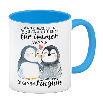 Pinguin Kaffeebecher in hellblau mit Spruch Du bist mein ewiger Pinguin