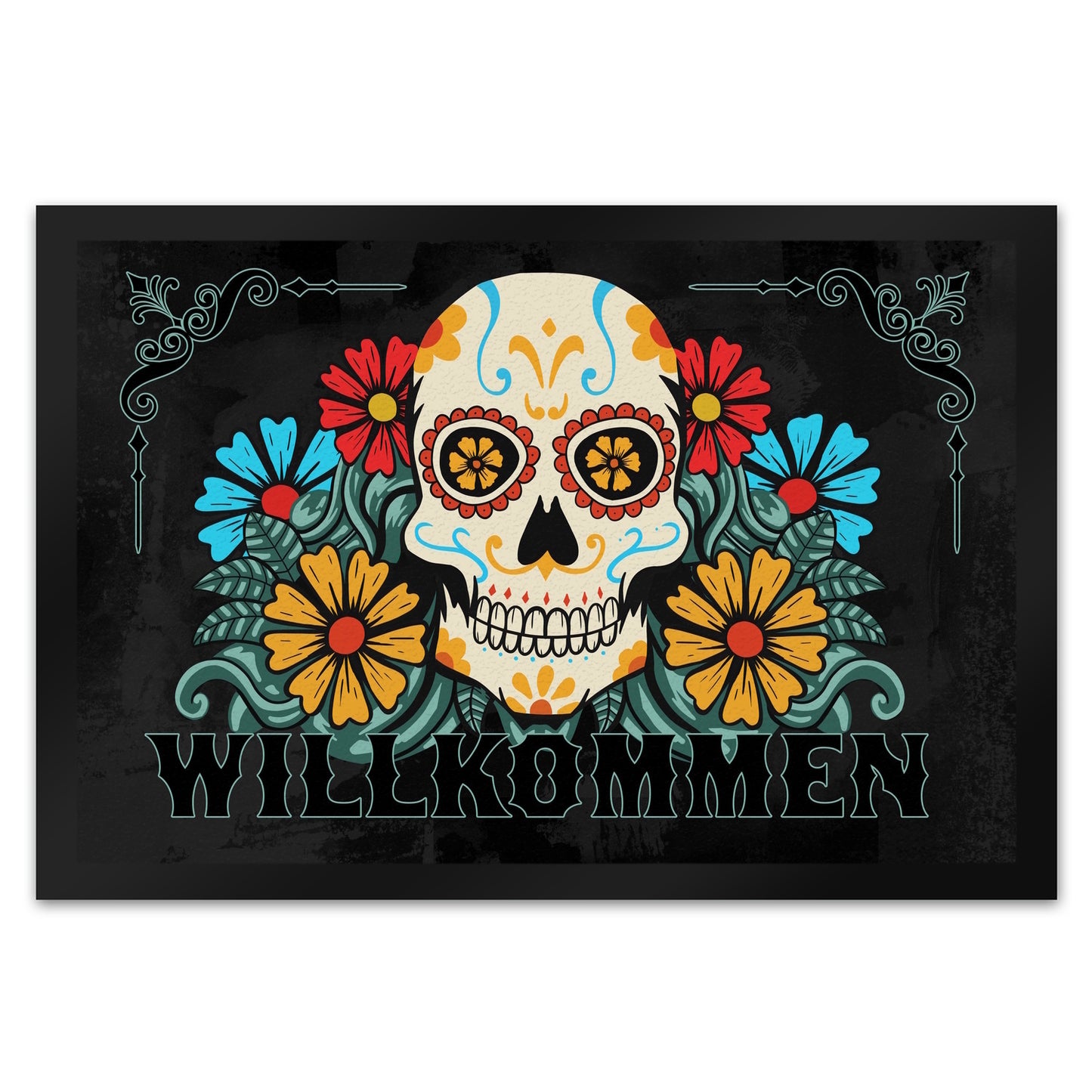 Willkommen Fußmatte XL in 40x60 cm mit Totenkopf und Blumenmotiv