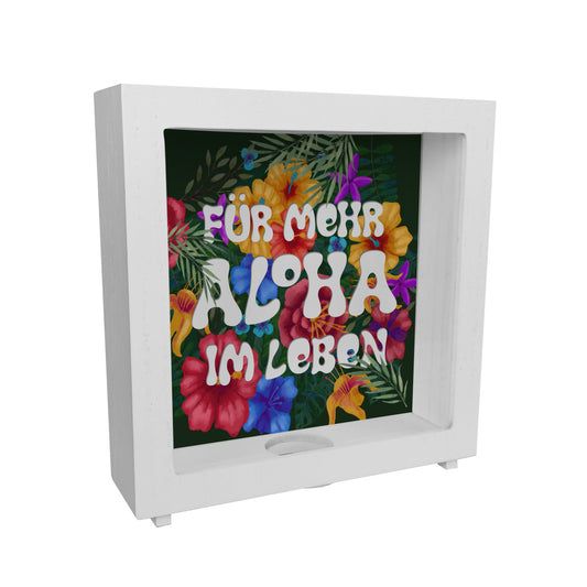 Rahmen Spardose aus Holz mit buntem Blumenmotiv und Spruch - Für mehr Aloha im Leben