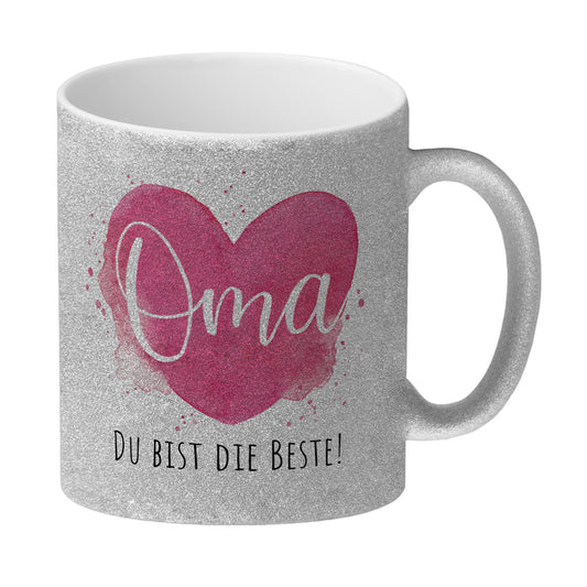 Beste Oma Glitzer-Kaffeebecher mit Spruch Oma Du bist die Beste