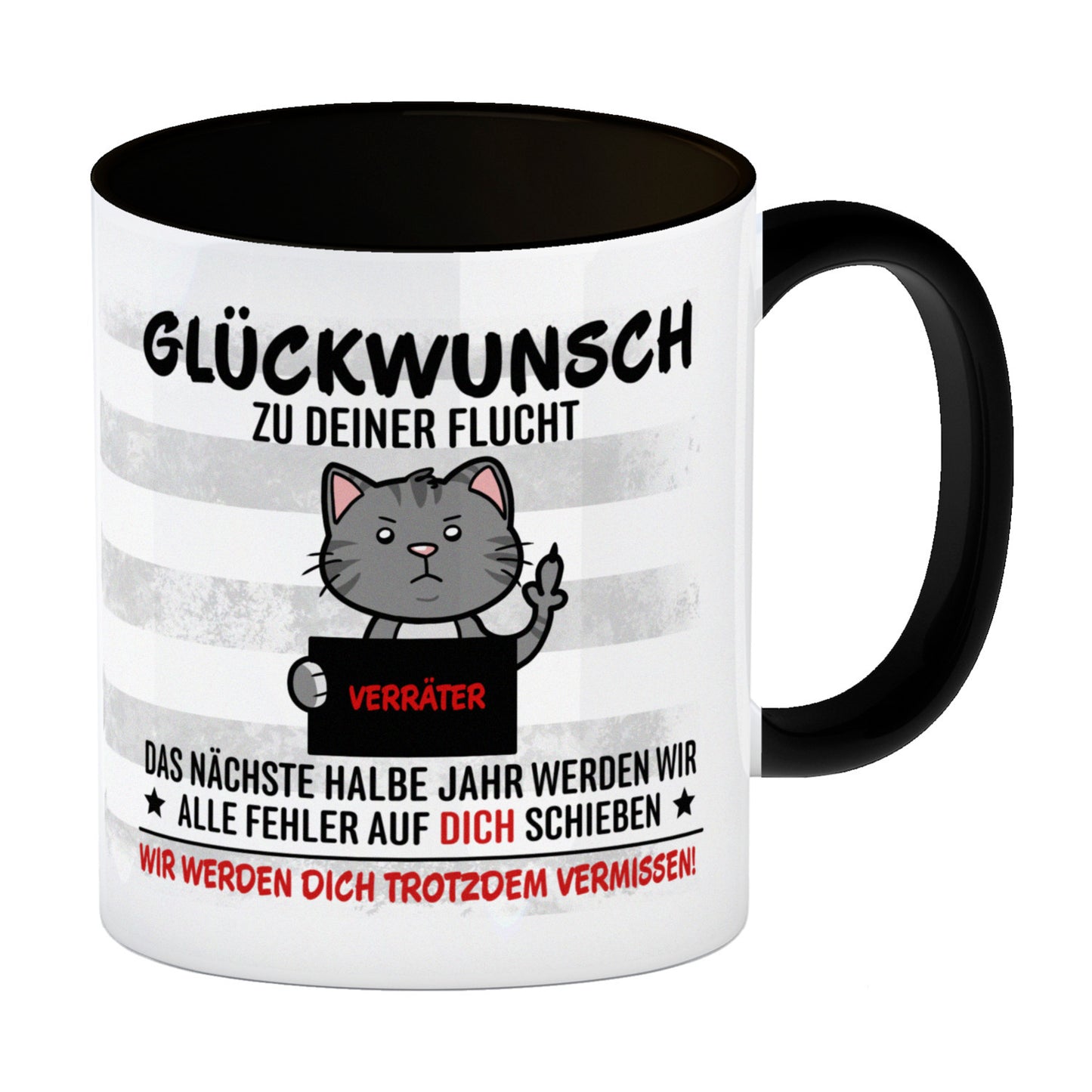 Glückwunsch zur Flucht, Verräter Mittelfinger Kaffeebecher in schwarz mit Katze