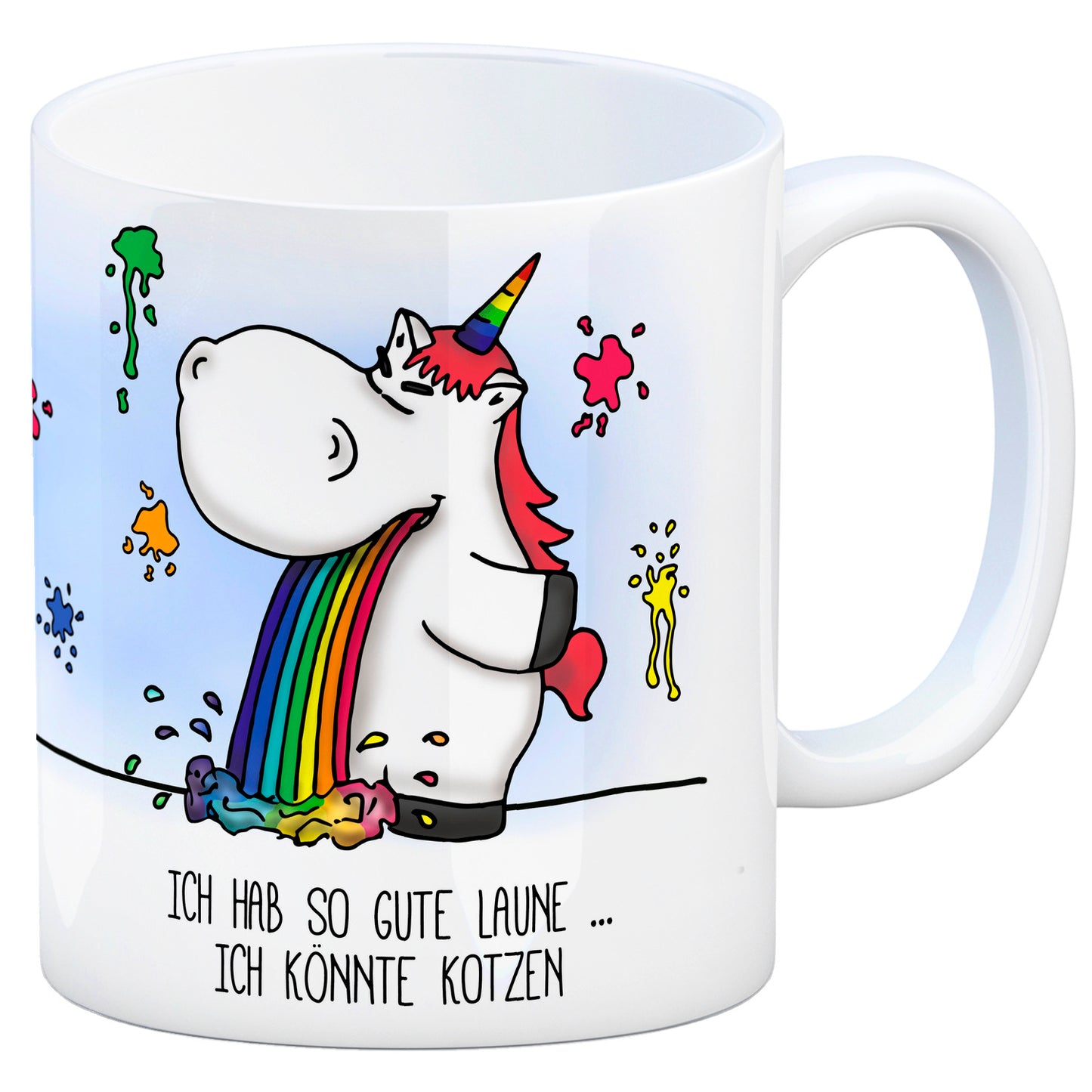 Honeycorns Kaffeebecher mit Einhorn Kotze Motiv und Spruch: Ich habe so Gute Laune