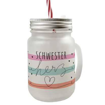 Herzen Mason Jar Henkel Trinkglas mit Deckel mit Spruch Schwesterherz