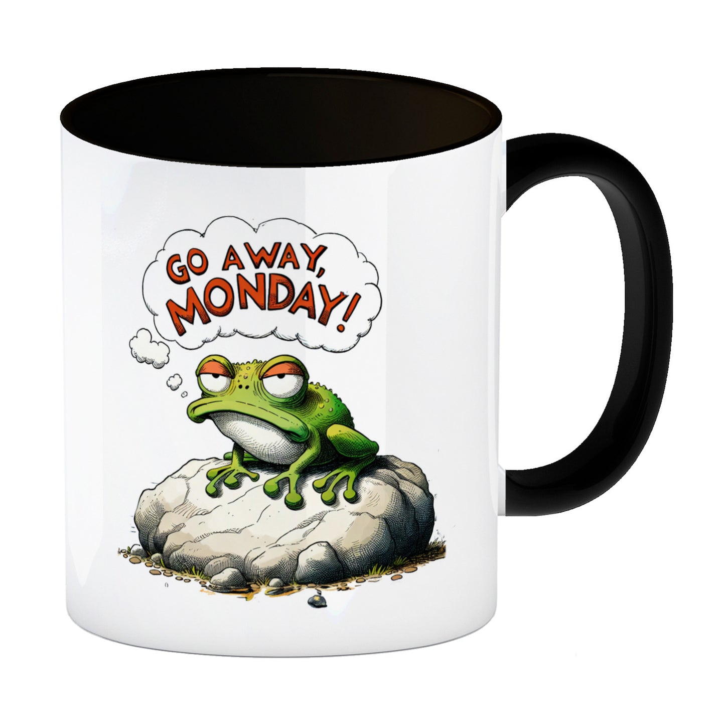 Mürrischer Frosch auf Stein Kaffeebecher in schwarz mit Spruch Go away, Monday!