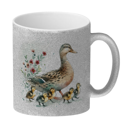 Ente mit Küken Glitzer-Kaffeebecher