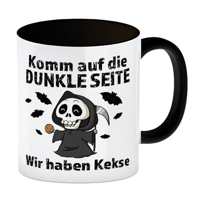 Komm auf die dunkle Seite Kaffeebecher in schwarz mit Spruch Wir haben Kekse