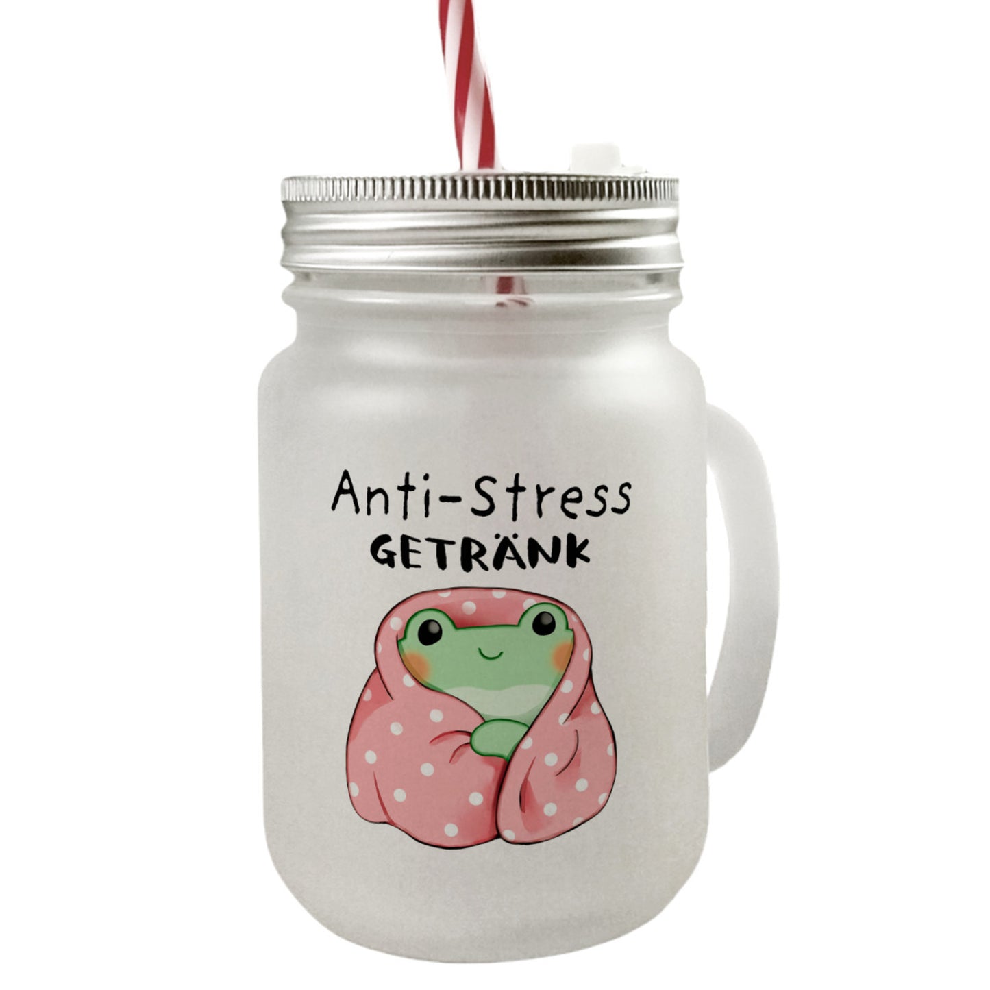 Frosch in rosa Decke Mason Jar Henkel Trinkglas mit Deckel mit Spruch Anti-Stress Getränk