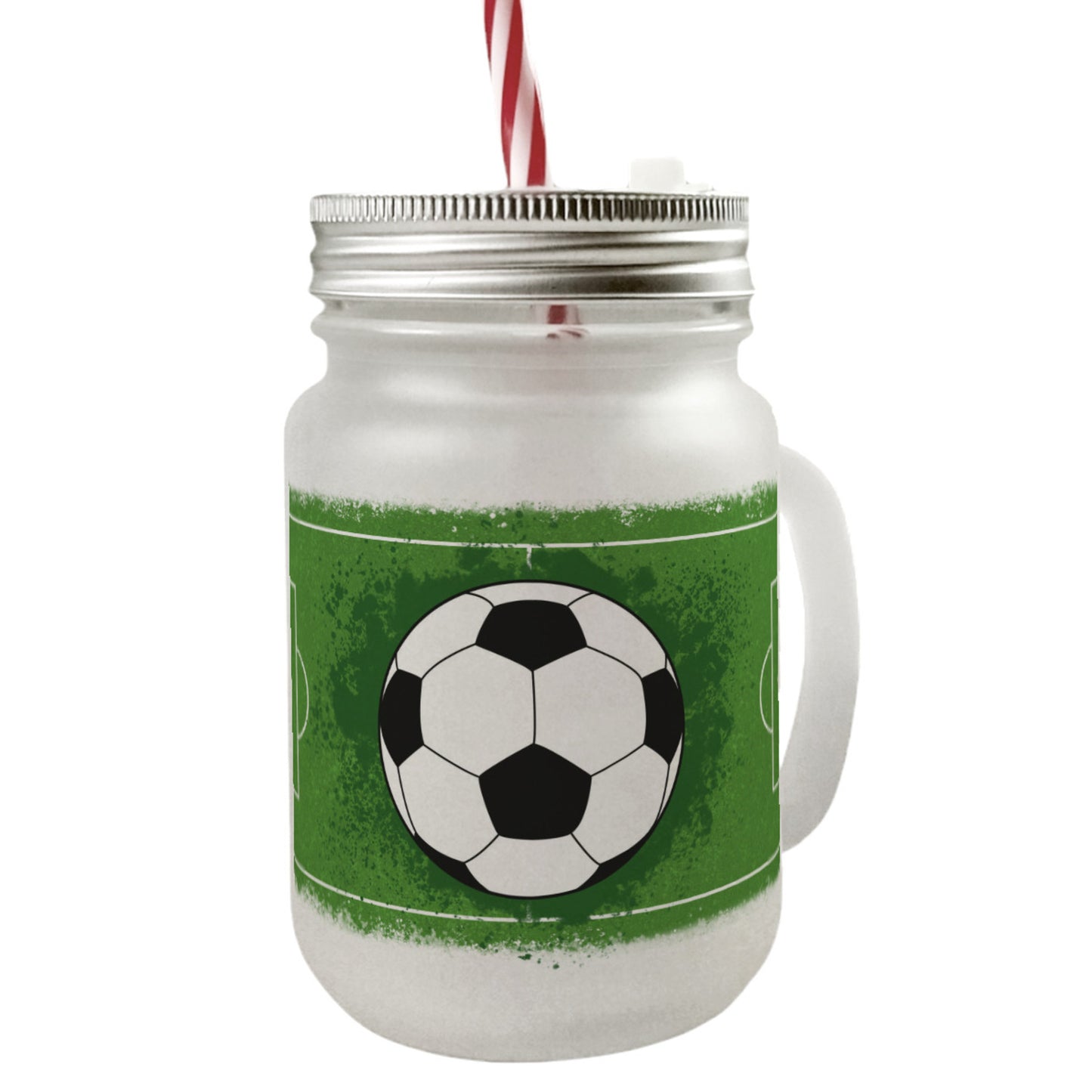 Fußball mit Fußballfeld Mason Jar Henkel Trinkglas mit Deckel