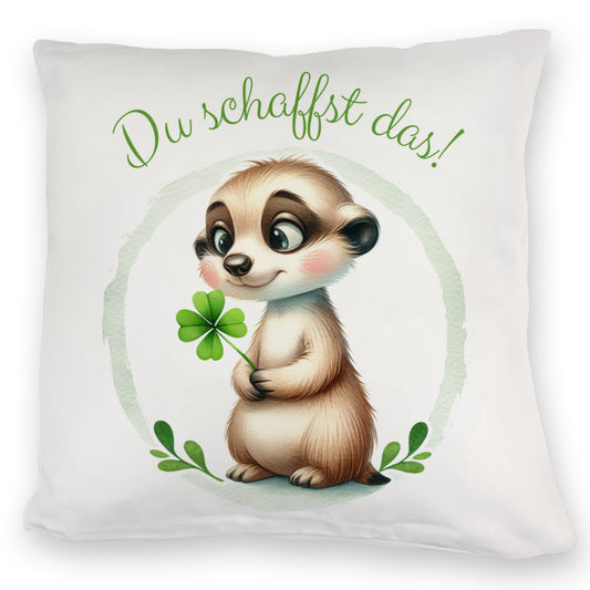 Erdmännchen mit Kleeblatt Kuschelkissen mit Spruch Du schaffst das