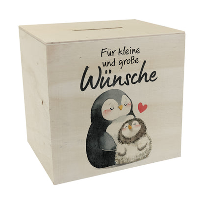 Pinguin Mutter und Kind Spardose aus Holz mit Spruch Für kleine und große Wünsche