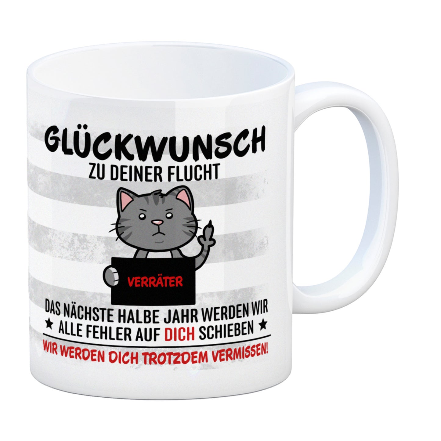 Glückwunsch zur Flucht, Verräter Mittelfinger Kaffeebecher mit Katze