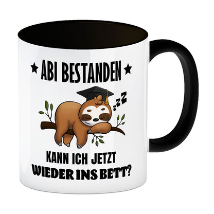 Faultier Abitur Kaffeebecher in schwarz mit Spruch Abi geschafft zurück ins Bett