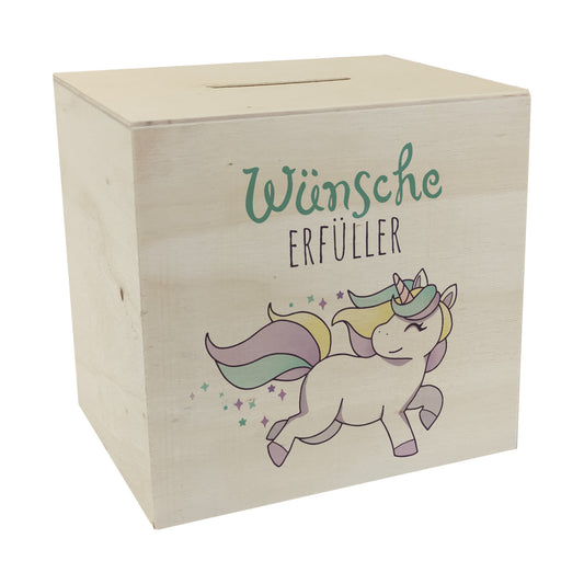 Einhorn Spardose aus Holz mit Spruch Wünscheerfüller