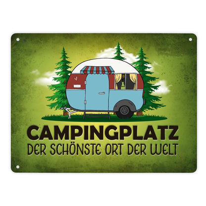 Metallschild XL mit Wohnwagen Motiv und Spruch: Campingplatz