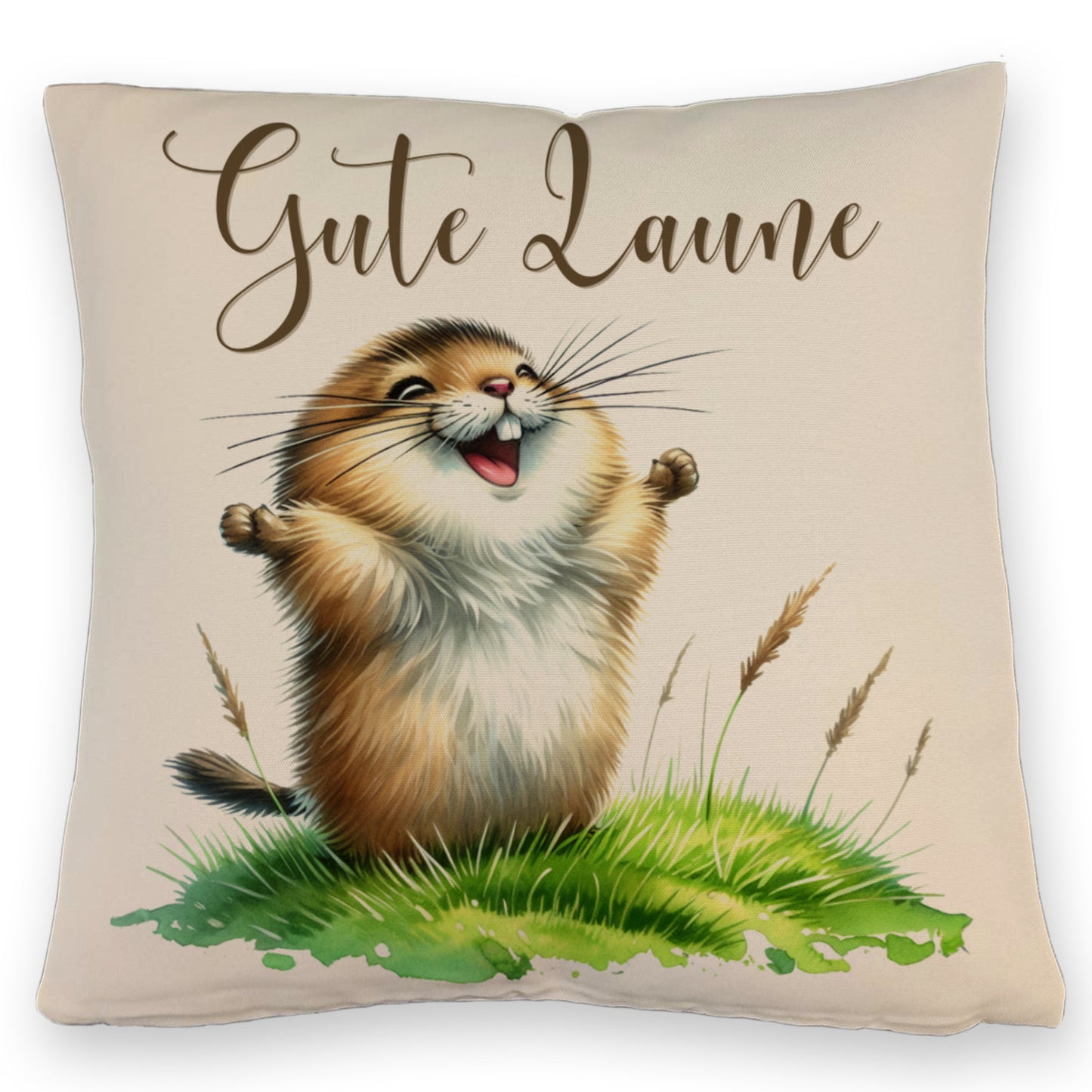 jubelnder Lemming Kissen mit Leinenoptik mit Spruch Gute Laune