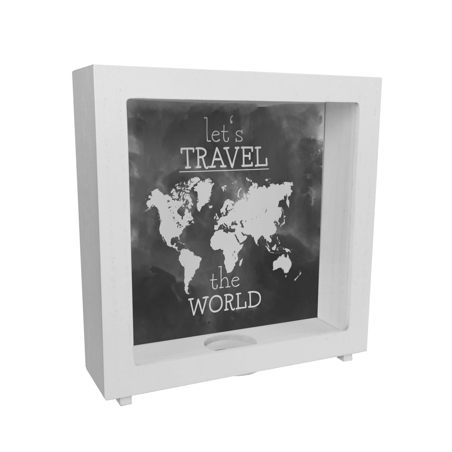 Rahmen Spardose aus Holz mit Weltkarten Motiv und Text - let's travel the world in Schwarz