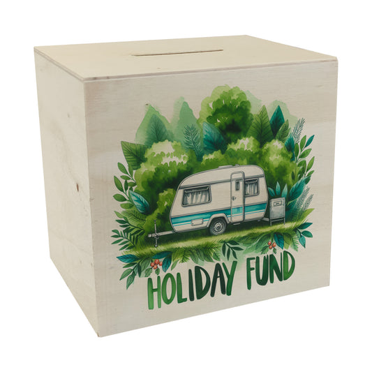 Campingurlaub Urlaubskasse Spardose aus Holz mit Spruch Holiday Fund