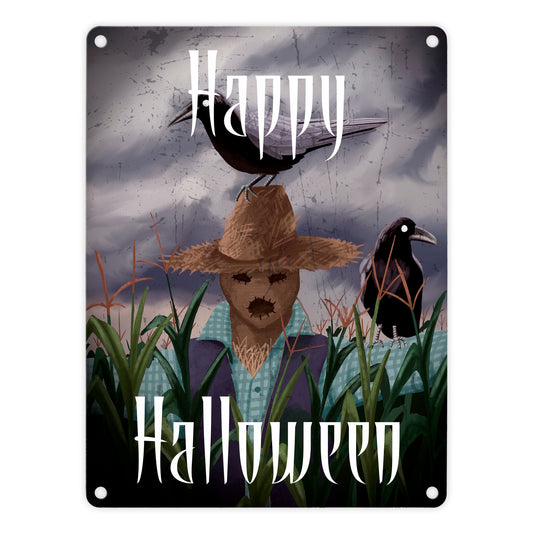 Metallschild in 15x20 cm mit gruseliger Vogelscheuche und Schriftzug - Happy Halloween