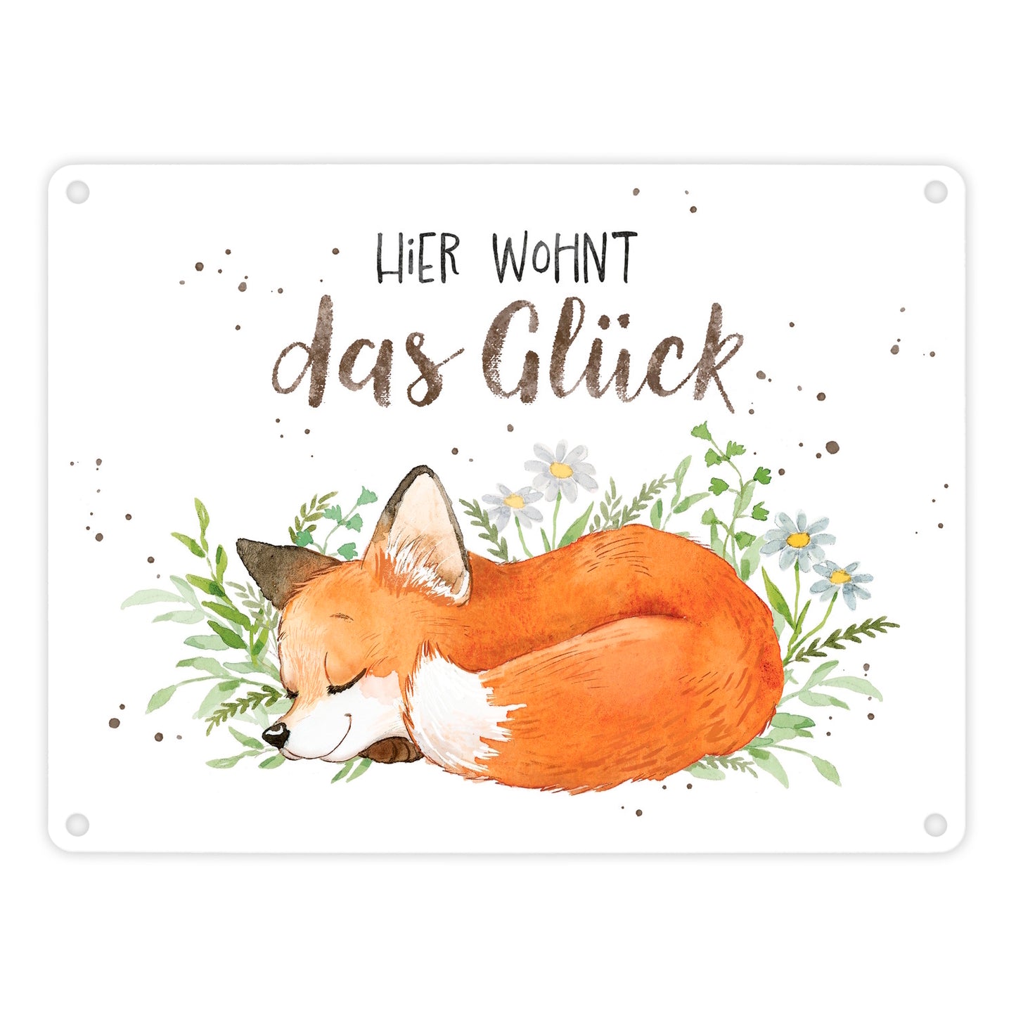 Fuchs Metallschild in 15x20 cm in weiß mit Spruch Hier wohnt das Glück