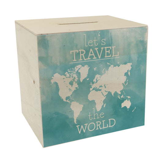 Spardose aus Holz mit Weltkarten Motiv und Text - let's travel the world in Blau