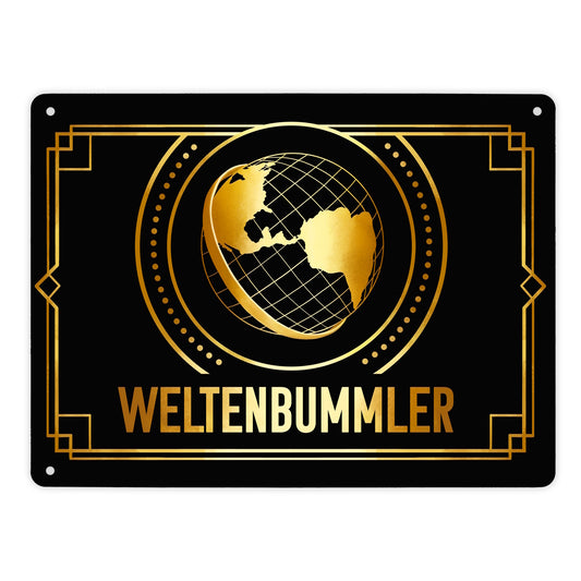 Weltenbummler Metallschild XL in 21x28 cm mit goldenem Globus und Reisemotiv