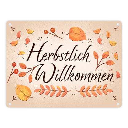 Herbstlich Willkommen Metallschild in 15x20 cm mit bunten Blättern