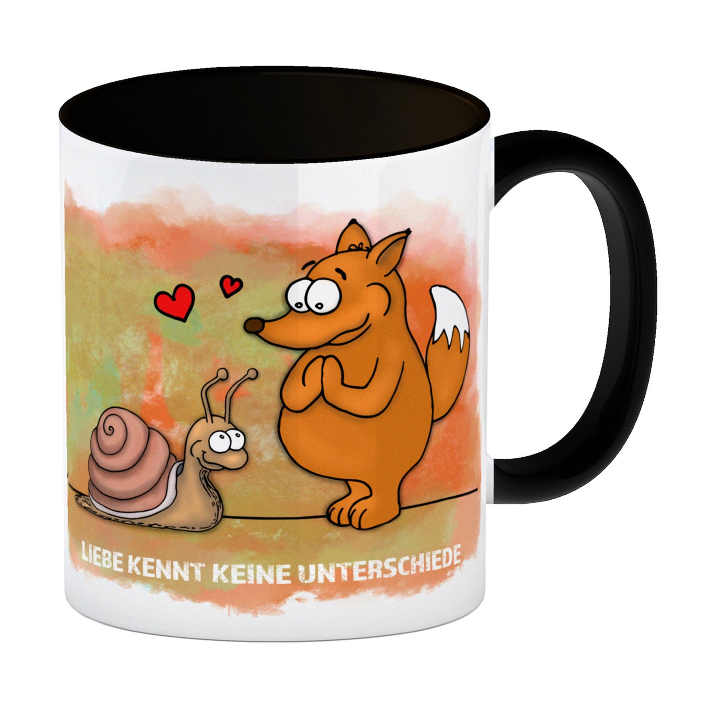 Liebe kennt keine Unterschiede Kaffeebecher Henkel und Innenseite Schwarz mit Fuchs und Schnecke Motiv