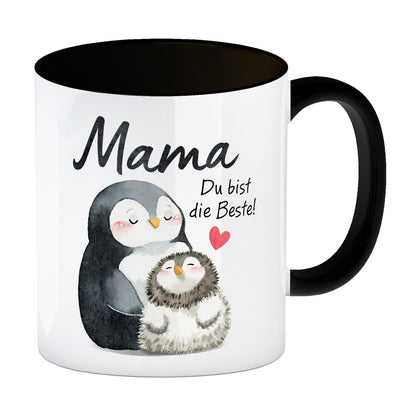 Pinguin Mutter und Kind Kaffeebecher in schwarz mit Spruch Mama du bist die Beste