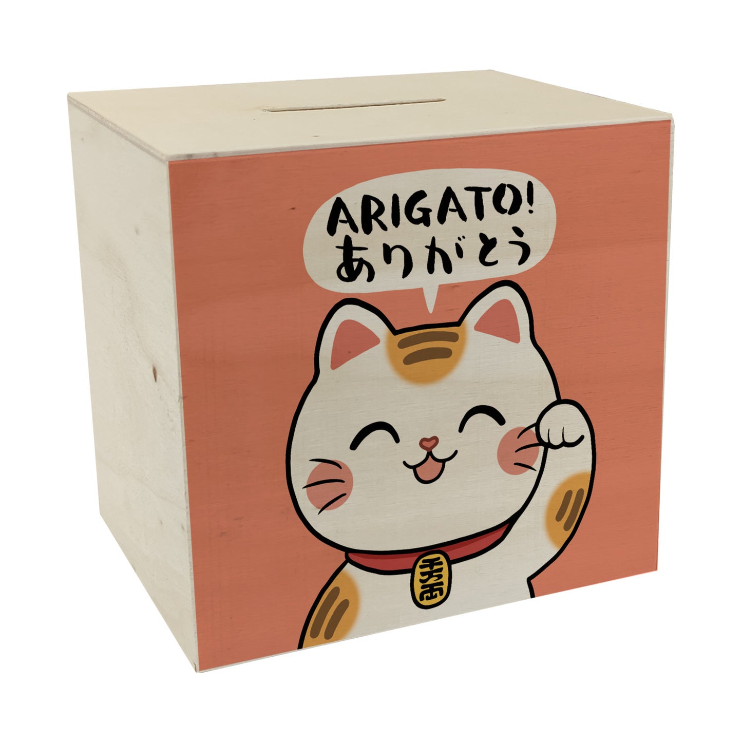 Winkekatze Spardose aus Holz mit Spruch Arigato