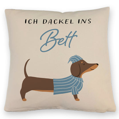 Dackel mit Pyjama Kissen mit Leinenoptik mit Spruch Ich dackel ins Bett