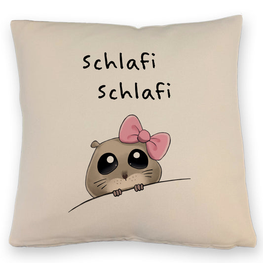 Meme Hamster Kissen mit Leinenoptik mit Spruch Schlafi Schlafi