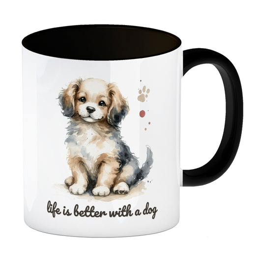 niedlicher Hund Kaffeebecher in schwarz mit Spruch life is better with a dog