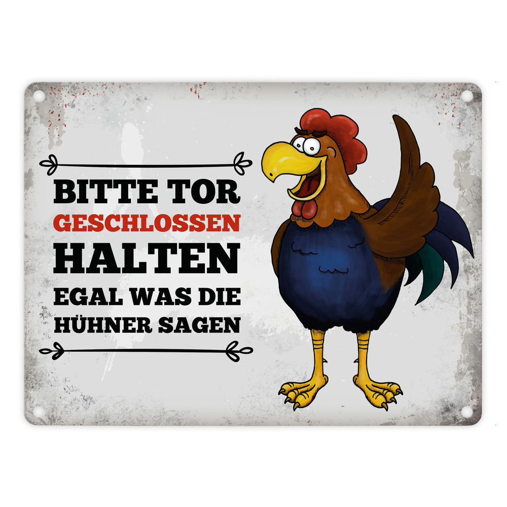 Metallschild mit Hahn Motiv und Spruch: Bitte Tor geschlossen halten ...