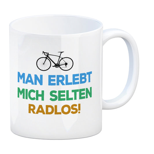 Man erlebt mich selten radlos Kaffeebecher mit Rennrad Motiv