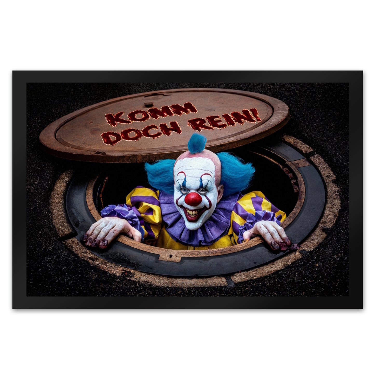 Horrorclown unter Kanaldeckel Fußmatte XL in 40x60 cm - Komm doch rein