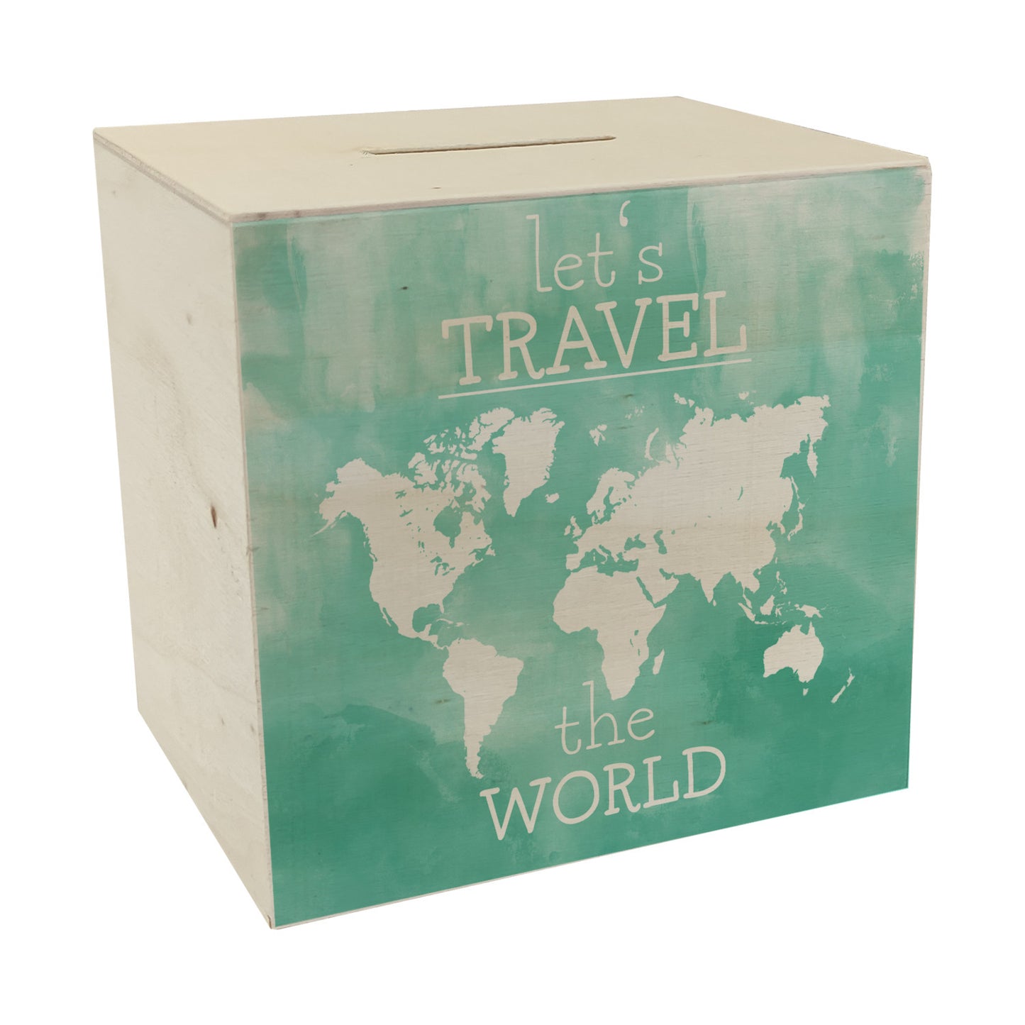 Spardose aus Holz mit Weltkarten Motiv und Text - let's travel the world in Türkis