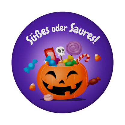 Süßes oder Saures Halloween Magnet rund mit Kürbis und Süßigkeiten