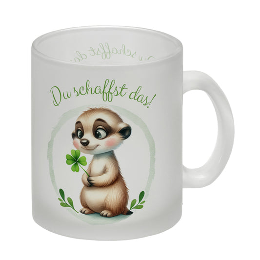 Erdmännchen mit Kleeblatt Glas Tasse mit Spruch Du schaffst das