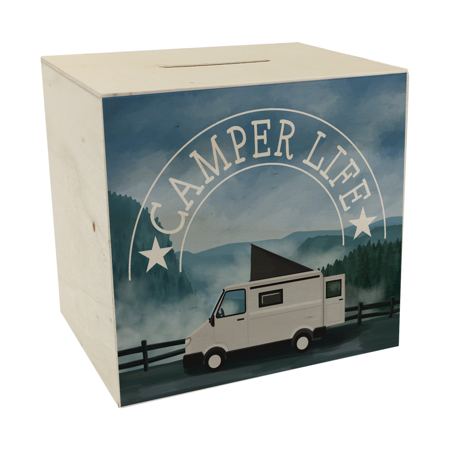 Camper Life mit Campervan Spardose aus Holz