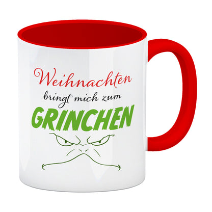 Weihnachten bringt mich zum grinchen Kaffeebecher Rot mit Spruch