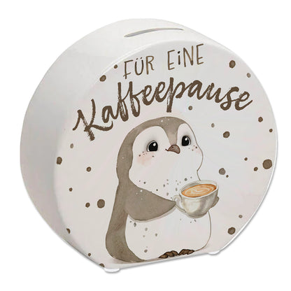 Pinguin mit Cappuccino Spardose mit Spruch Für eine Kaffeepause