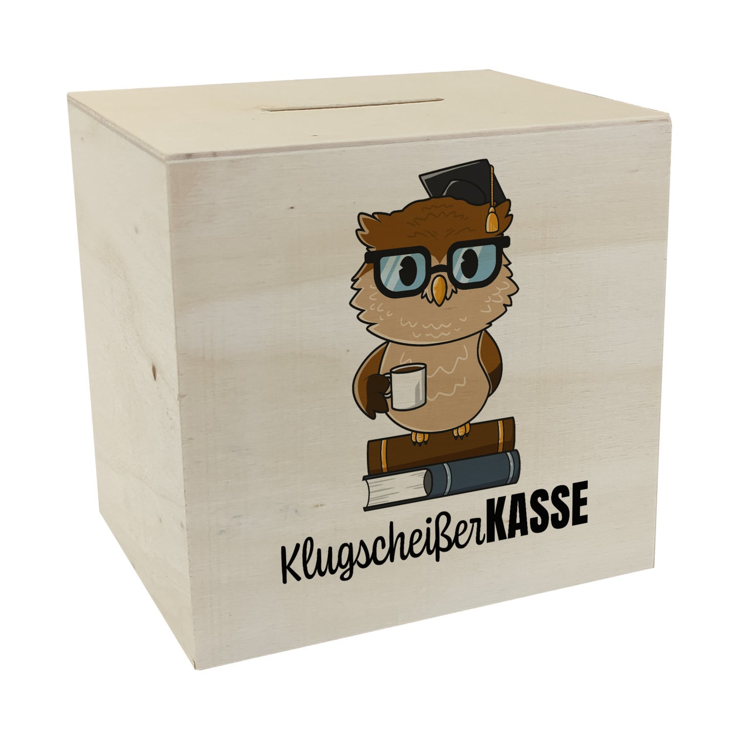 Eule Spardose aus Holz mit Spruch Klugscheißer-Kasse