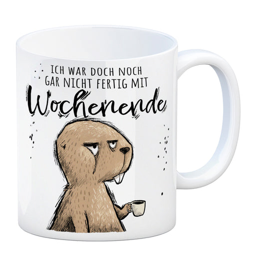 Biber Kaffeebecher mit Spruch Wochenende war noch nicht fertig