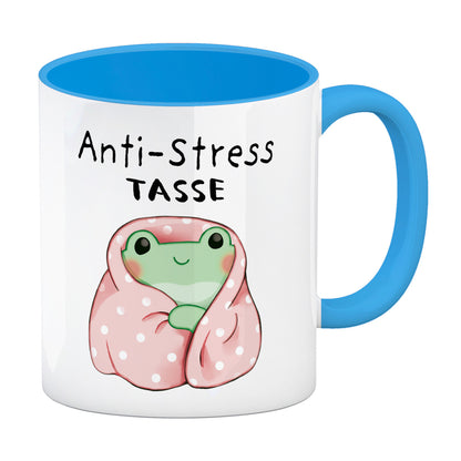 Frosch in rosa Decke mit Spruch Anti-Stress Tasse