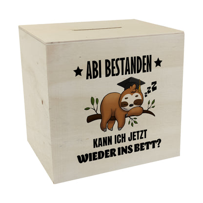 Abi bestanden Faultier Spardose aus Holz mit Spruch zurück ins Bett