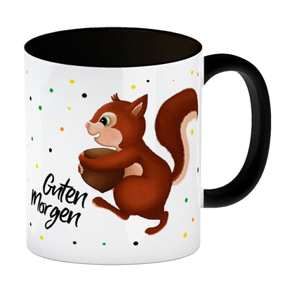 Guten Morgen Kaffeebecher Henkel und Innenseite Schwarz mit Eichhörnchen Motiv