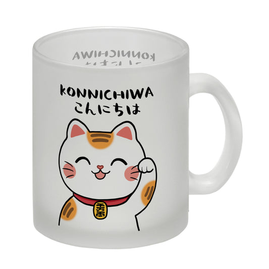 Winkekatze Glas Tasse mit Spruch Konnichiwa