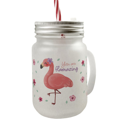 Flamingo Mason Jar Henkel Trinkglas mit Deckel mit Spruch You are flamazing