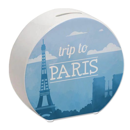 Spardose mit schönem Motiv und Text - Trip to Paris in blau