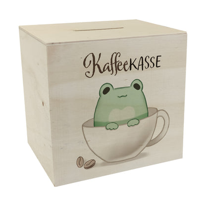 Frosch Spardose aus Holz mit Spruch Kaffeekasse